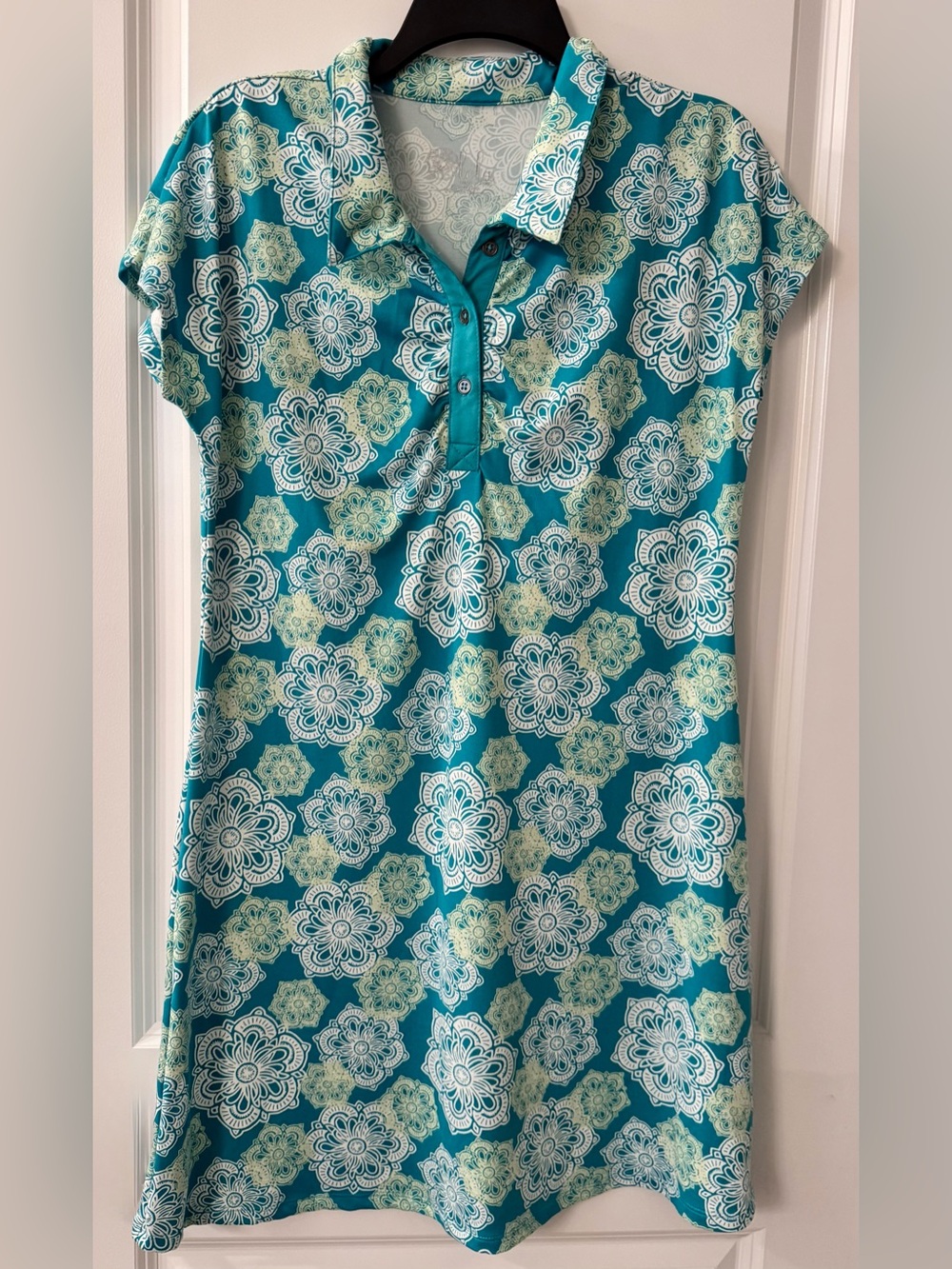 #z290 - Lola by AFG Teal Mandala Medallion Cap Sleeve Collared Mini Polo Dress